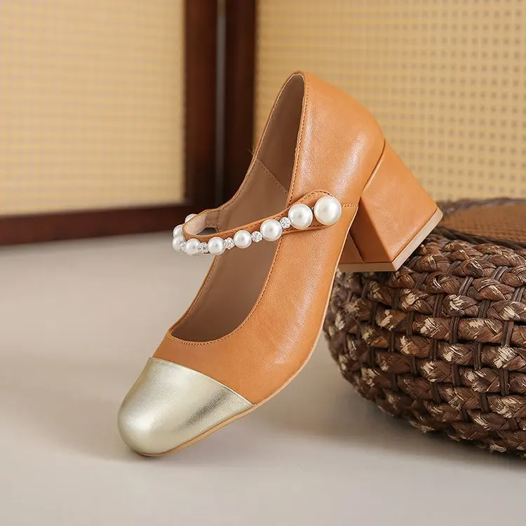Women Fashion Heels Minimal Retro Round Toe Chunky Heel Shoes Elegant Pearl Buckle Heels Tacones Mujer Sandals