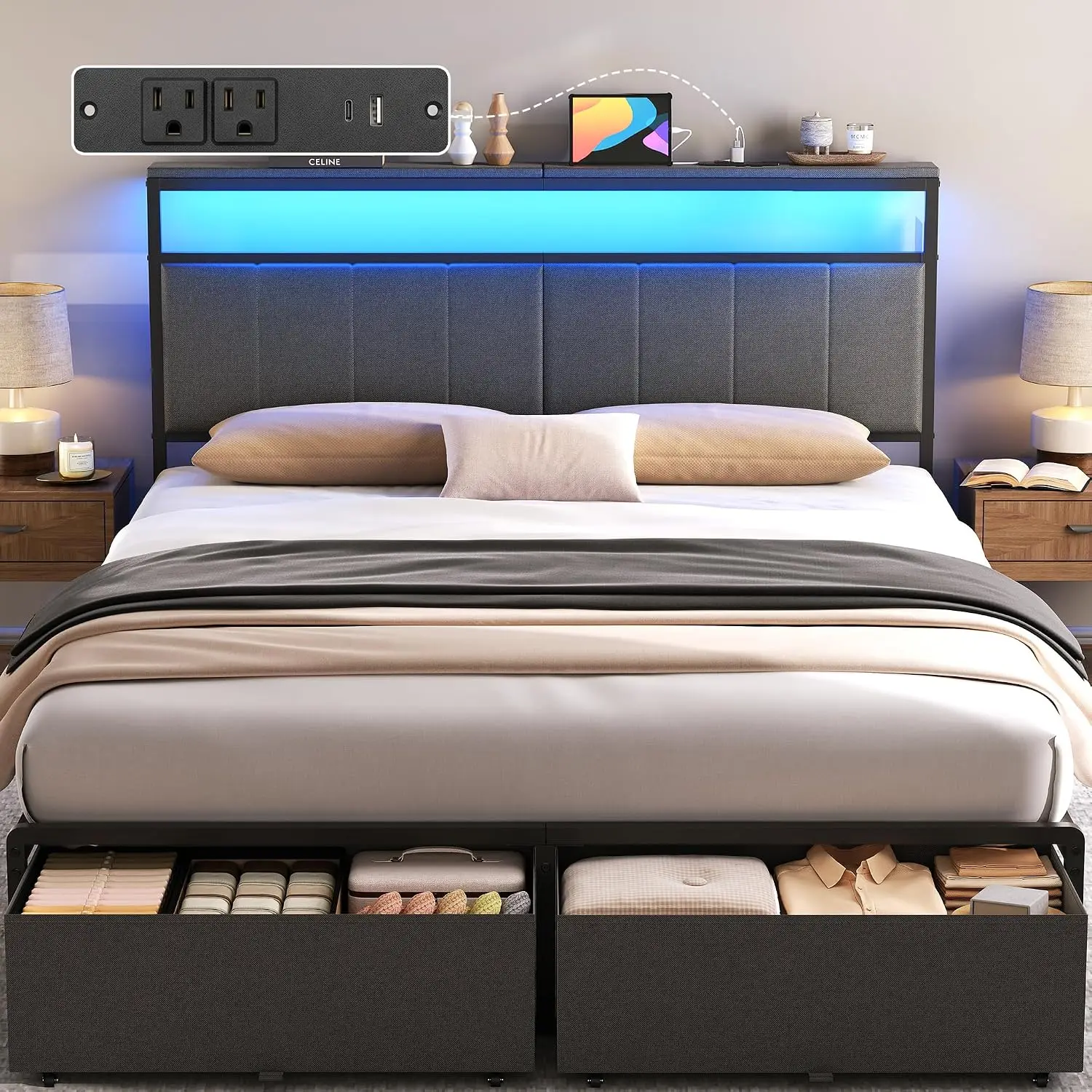 Queen Upholstered Bed Frame with Storage Drawers, Charging Station & LED Lights, Metal Platform Shelf,  Customized