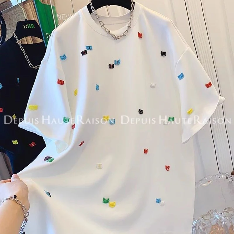 Summer Hit Color 3d Embroidery Men O Neck Short Sleeve T Shirts Fashion Simple All-match 2xl Oversized Clothing Black White Grey