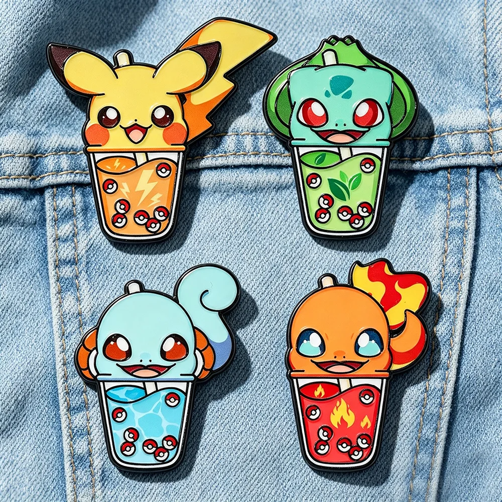 4Pcs Pokemon Bubble Tea Enamel Pins Pikachu Bulbasaur Squirtle Charmander Metal Brooch Lapel Badge Backpack Jacket Decor