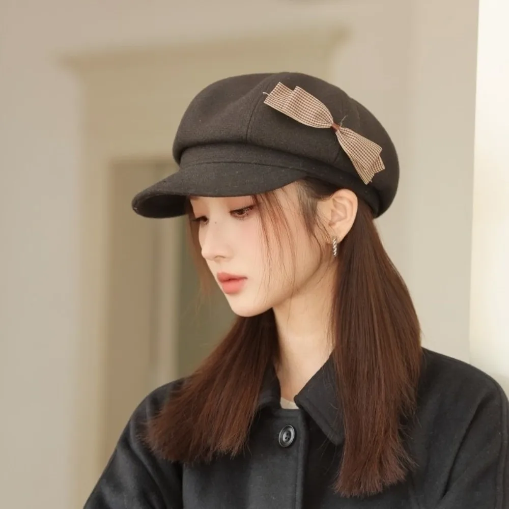 

Retro Wool Bow Beret Solid Color Warm Painter Hat Versatile Korean Style Newsboy Hat Streetwear