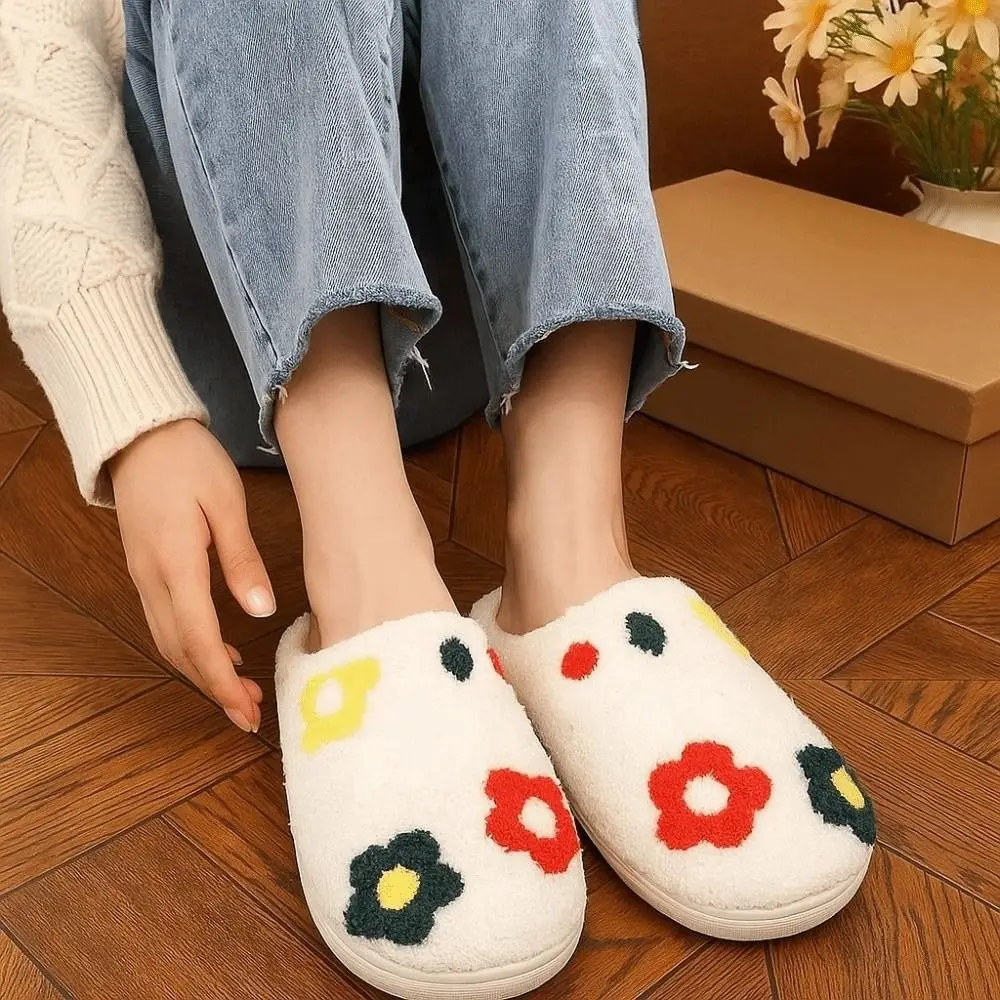

Creative Soft Flowers Cotton Slippers Anti-slip Fluffy Slides Winter Warmer Slippers Thickened TPR Warm Home Cotton Shoes Men