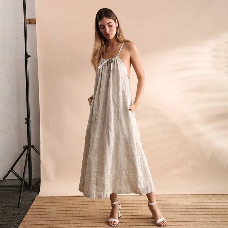 Vintage 100% Linen Women Dress Fashion Sexy Halter Sleeveless Back Bandage Long Maxi Lady Dresses Vestidos MZYBLB3236Y