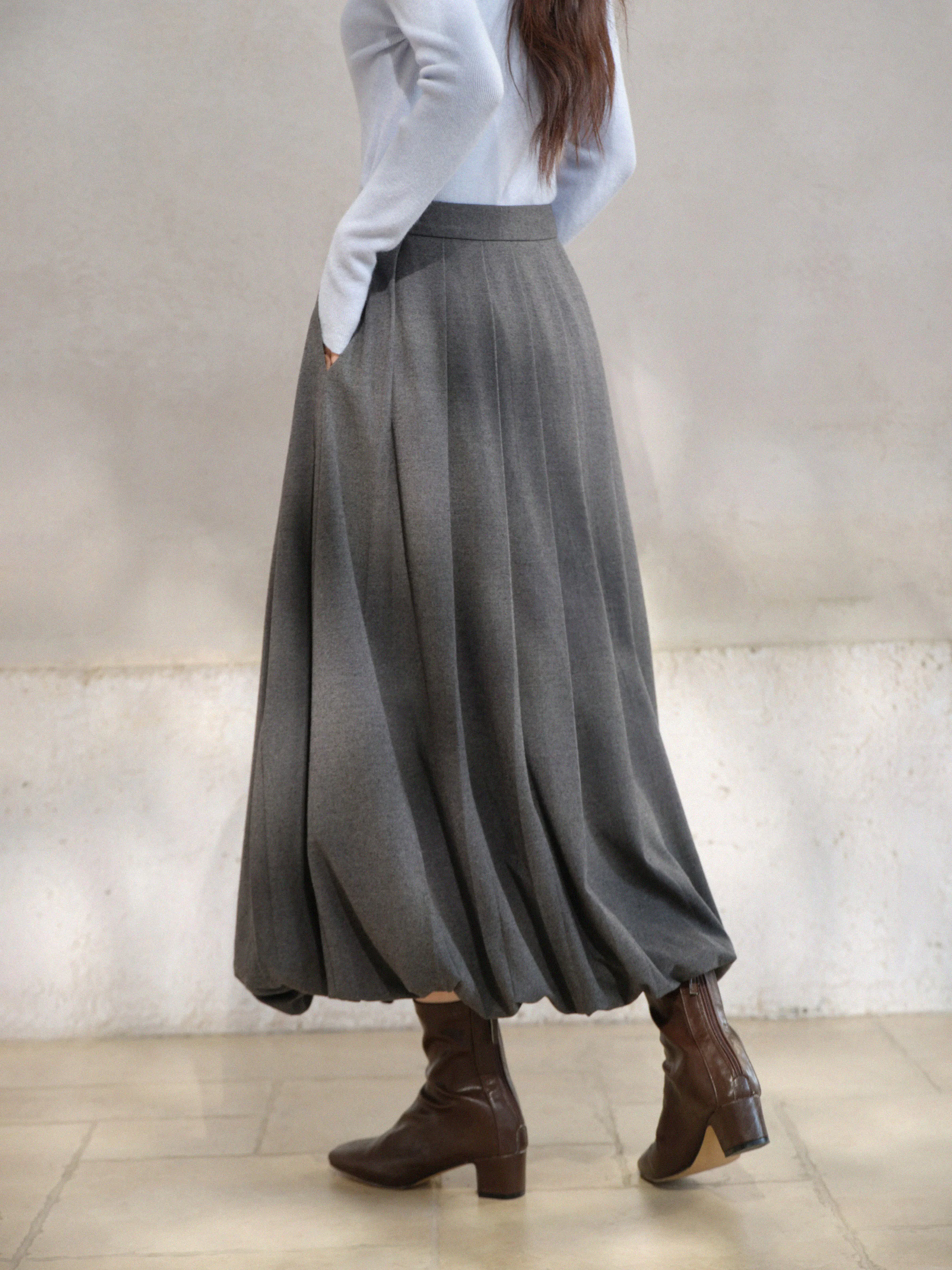 Eleganter Faltenrock mit hoher Taille, wollähnlicher Midi-A-Linien-Rock, Vintage-grauer, fließender Rock mit Puffsaum für Damen, lässiges, süßes Outfit