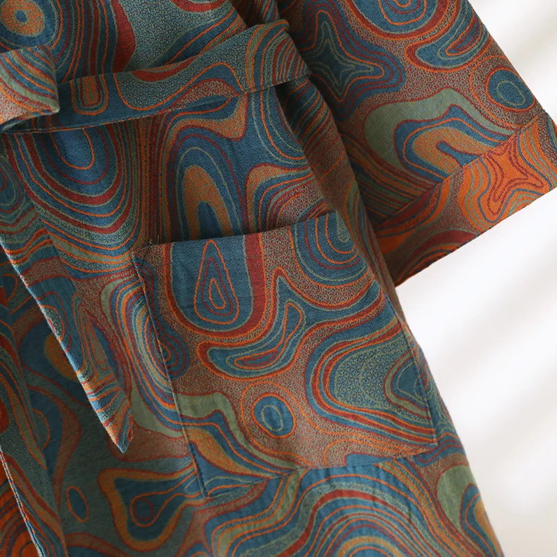 ثوب نوم قطني منسوج ملون للنساء بيجامة كيمونو مع جيوب مزدوجة وحزام ملابس منزلية #5