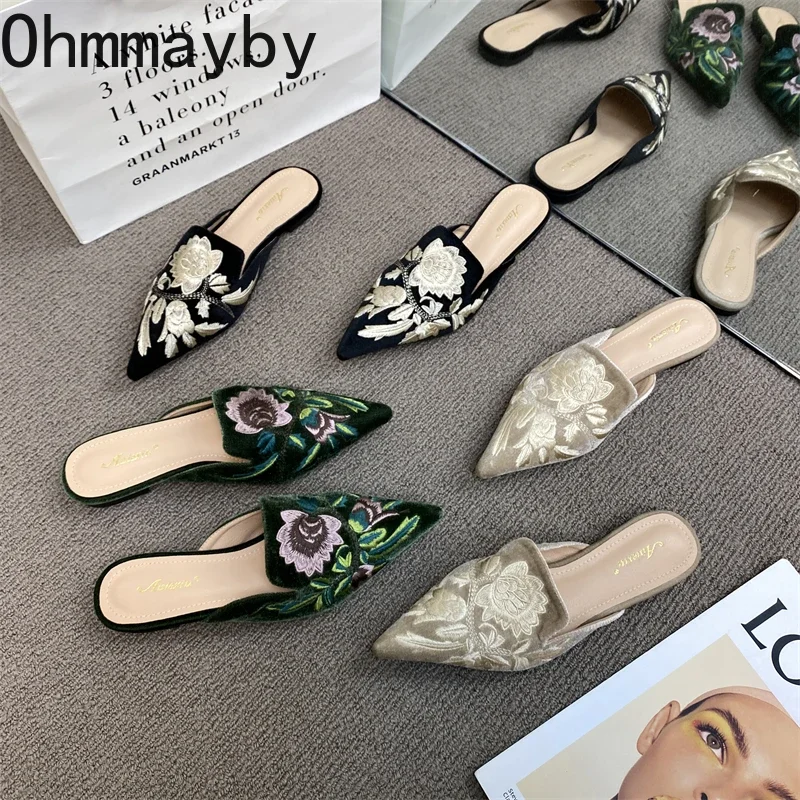 2024 Summers Embroidery Women Mules Slippers Luxury Fashion Elegant Pointed Toe Slides Shoes Ladies Dress Flats Sandalias