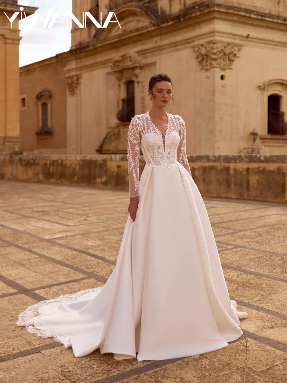 

Elegant Beaded Appliques Wedding Dress Classic Vneck Long Sleeve Bridal Gown 2026 Customized Satin A-line Dresses For Bride