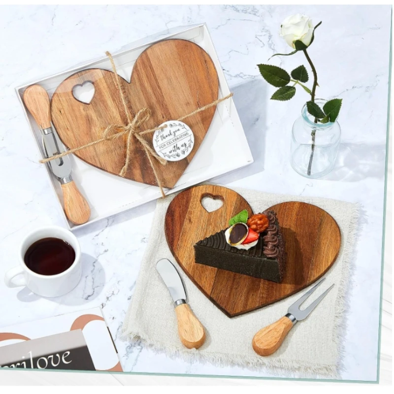 1 Set Favor Heart Cheese Board with Knife, Wood Mini Charcuterie Board Thank You Gift Box for Guest  Wedding Valentines Birthday