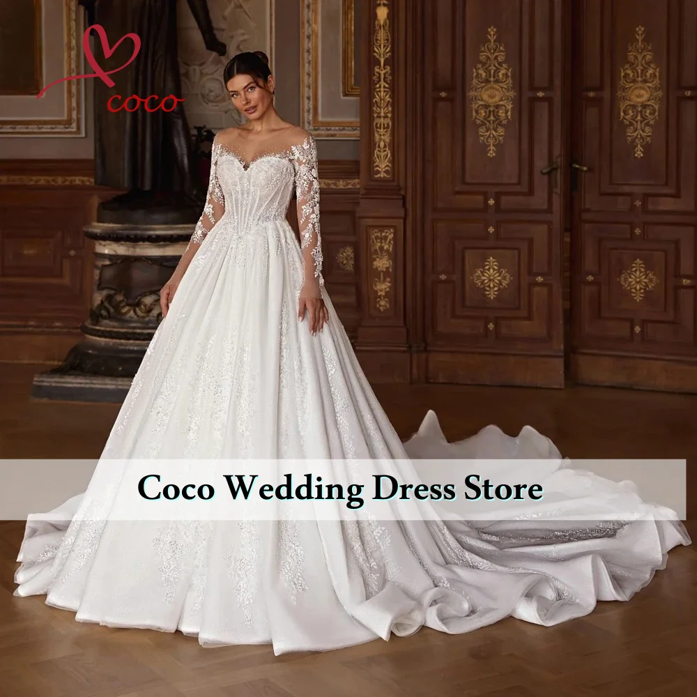 Customized Scoop Neck Long Sleeve Ball Gown Wedding Dress Appliques Beading Court Train Princess Bridal Gown Vestido de Noiva