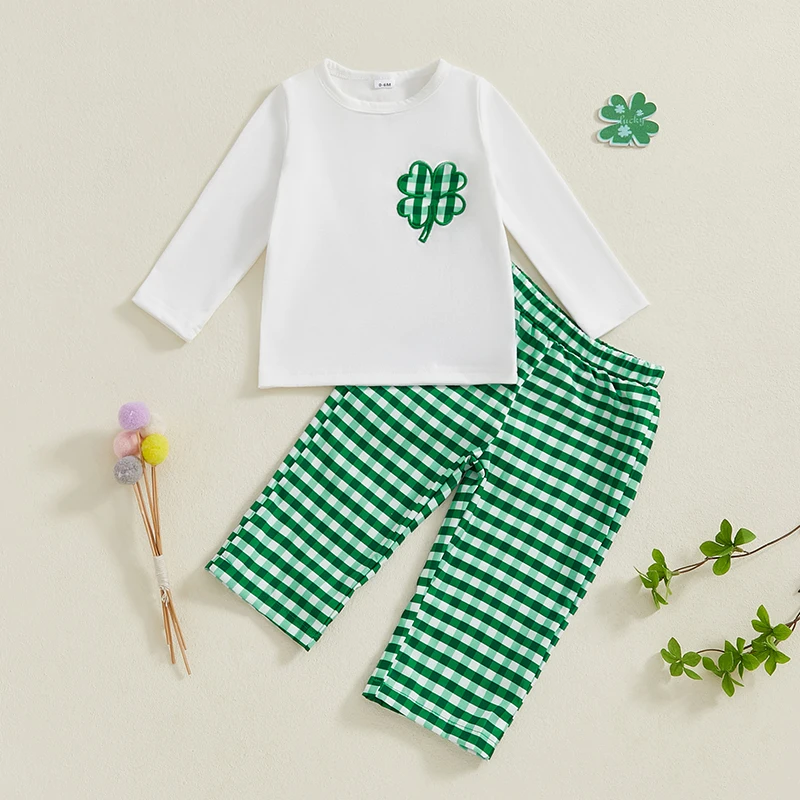 St Patrick s Day Outfit for Toddler Girls Long Sleeve O Neck Clover Embroidery Tops Plaid Pants Set with Shamrock