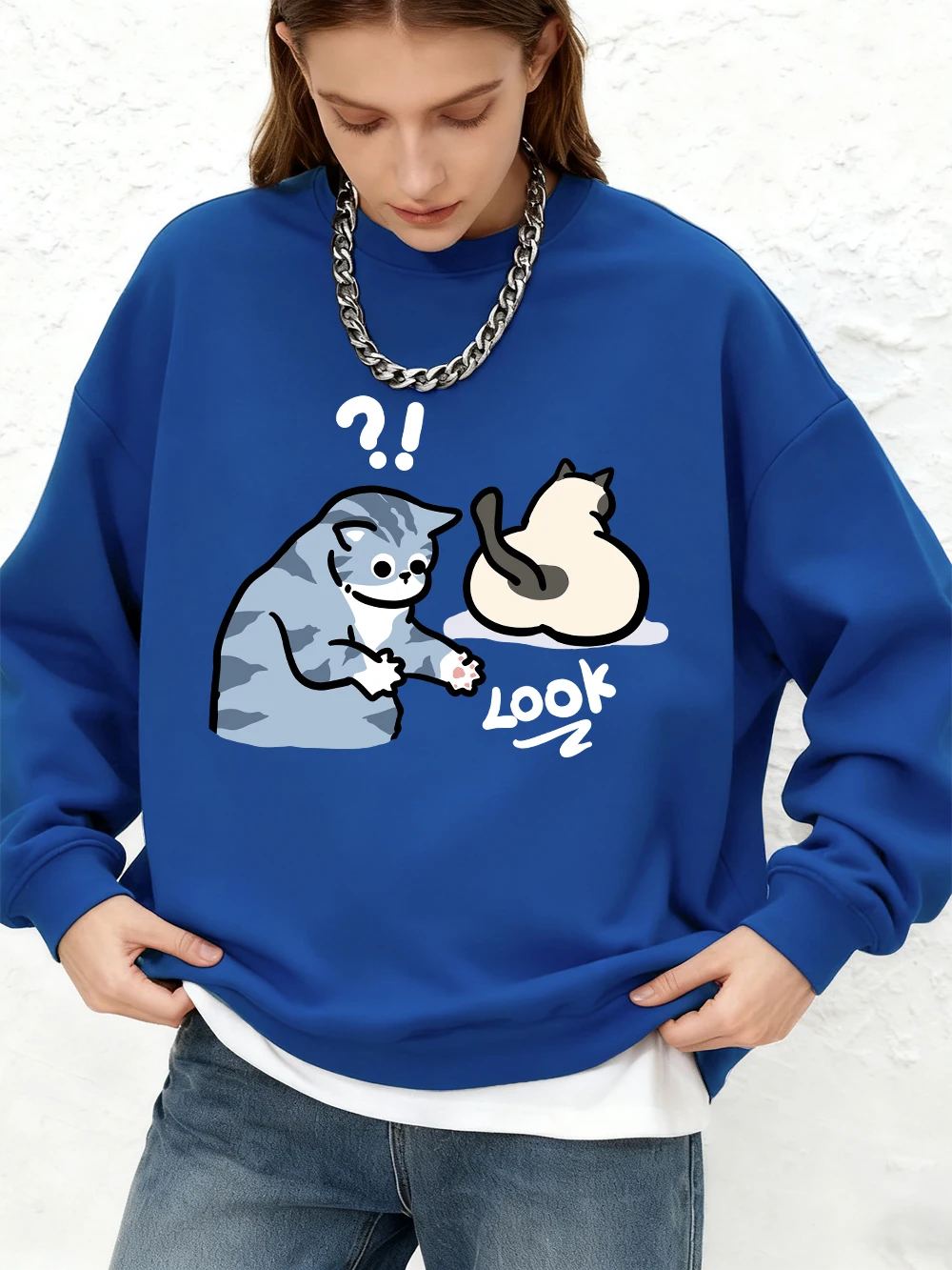 เสื้อสเวตเชิ้ตลายการ์ตูนแมวสุดเท่ห์สำหรับผู้หญิง สไตล์ลำลอง แขนยาว ทรงโอเวอร์ไซส์ เหมาะสำหรับฤดูใบไม้ร่วง