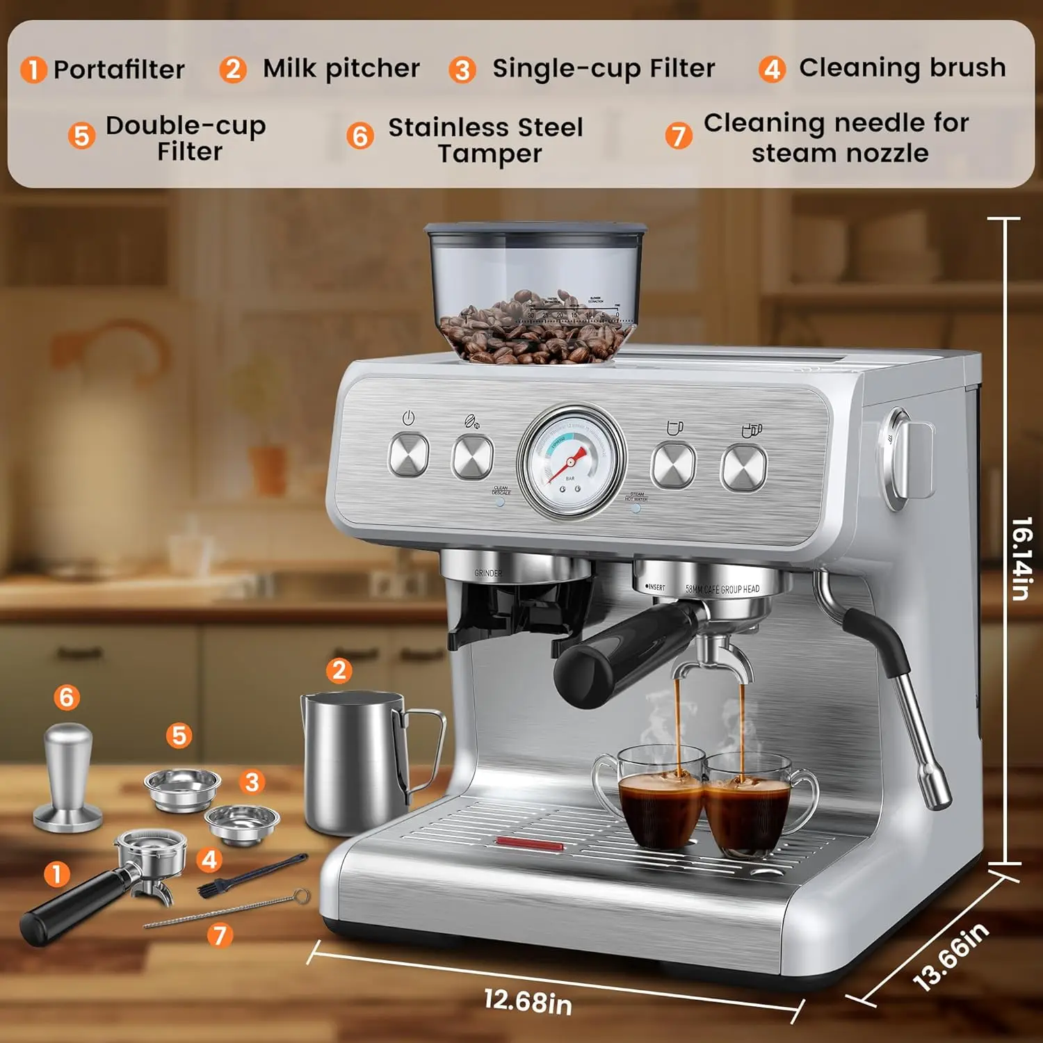 Built-in Grinder,Professional 15 Bar Espresso Maker with Milk Frother Steam Wand,Stainless Steel Espresso Coffee Machine with Re