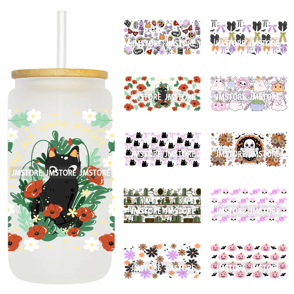

Cute Halloween Ghost Black Cat UV DTF Wraps Transfer Sticker Selfadhesive Waterproof Prints For 16OZ Libbey Glass Can Tumbler