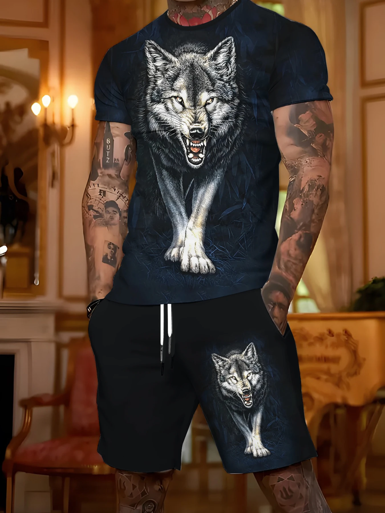 

Мужской энергичный и крутой костюм, комплект из двух предметов с принтом «Король Дикого Волка», повседневный топ и шорты для активного отдыха