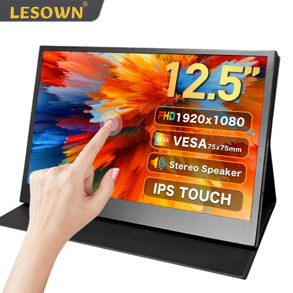 LESOWN Touch Screen 1920x1080 FHD IPS LCD Monitor 12.5 inch Small Wide VESA HDMI Display PC Extender Screen with Speakers