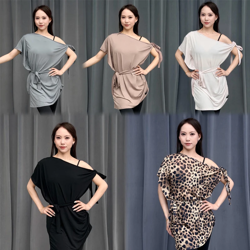 

Sloping Shoulder Ballroom Dance Top Women'S Latin Dance Practice Tops Female Rumba Short Sleeves Modern Dance Wear SL15894