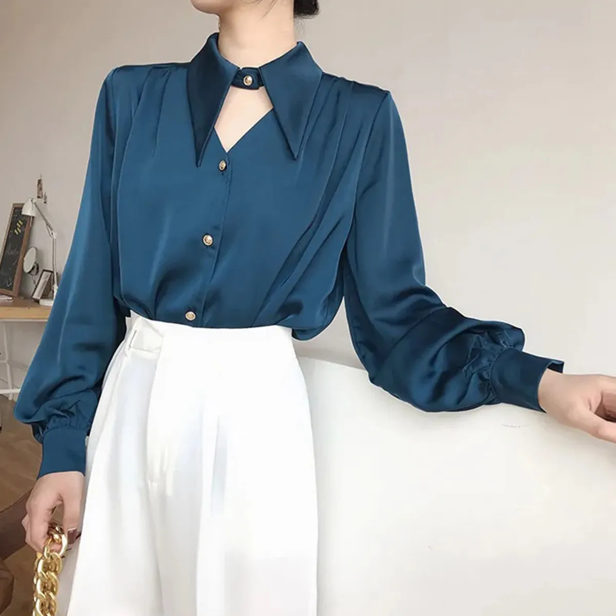 

Элегантная сине-белая блузка с вырезами на воротнике для женщин, весенняя офисная рубашка с длинным рукавом на пуговицах, теплая базовая модель