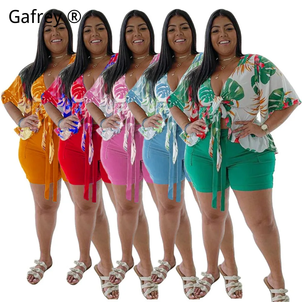 

XXXXL Plus Size Women 2 Piece Outfits Printed Casual T-Shirt Shorts Set Fashion Loose Comfortable Daily Lounge Wear Tracksuit