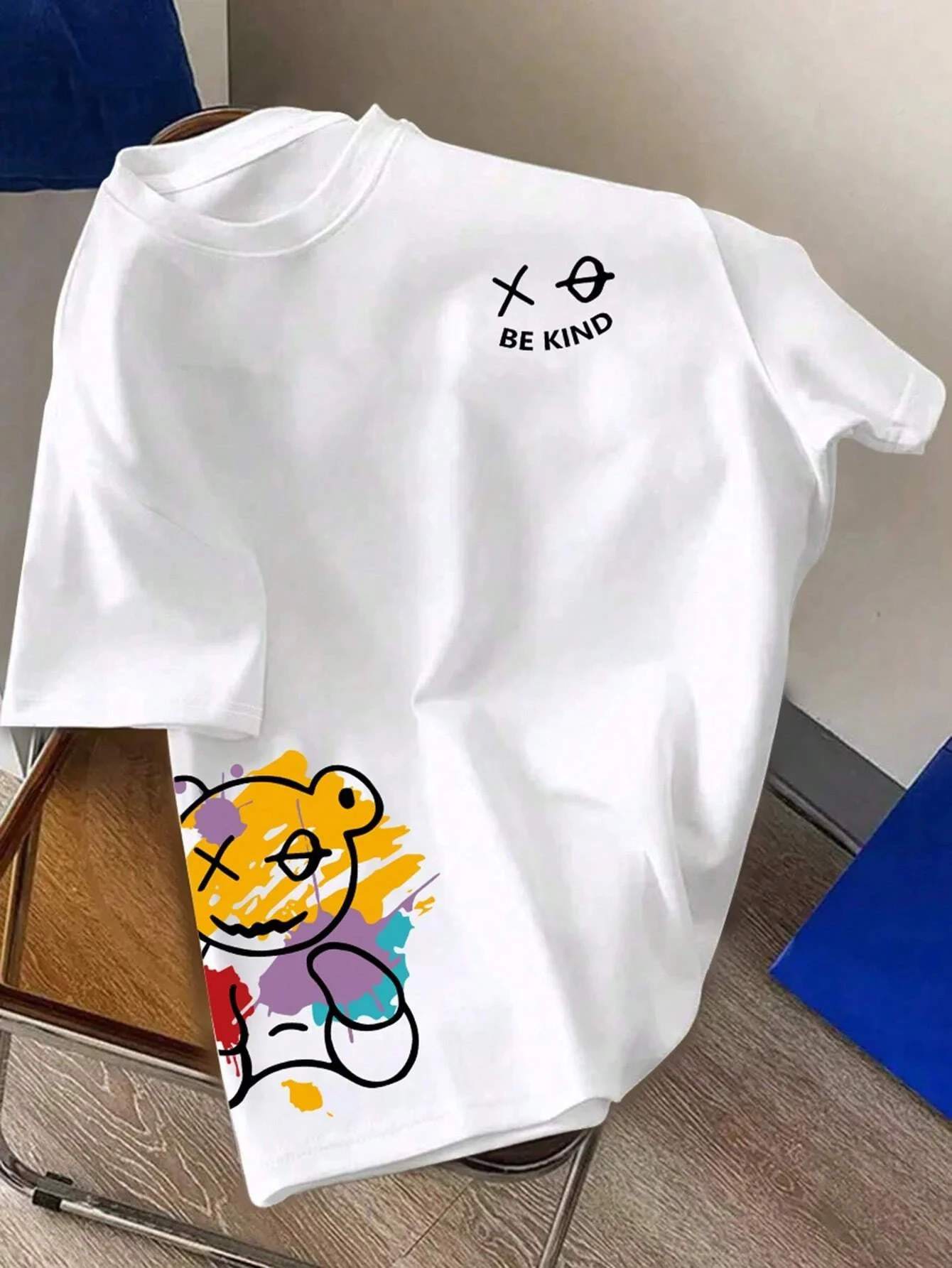 

Men's Women's Summer Loose Size BE KIND Letter Cartoon Print Casual Comfortable Round Neck Short Sleeved T-shirt Top