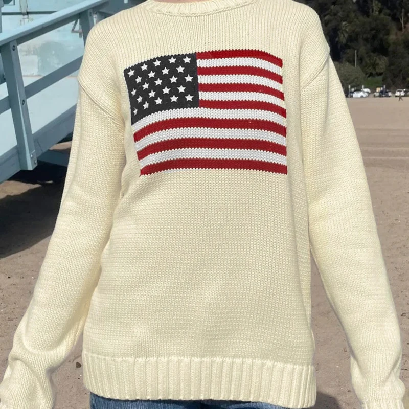 Rapcopter y2k Flag Print Sweaters Loose O Neck Full Sleeve Jumpers Autumn Winter Harajuku Casual Knitwear Pullovers Vintage 90s