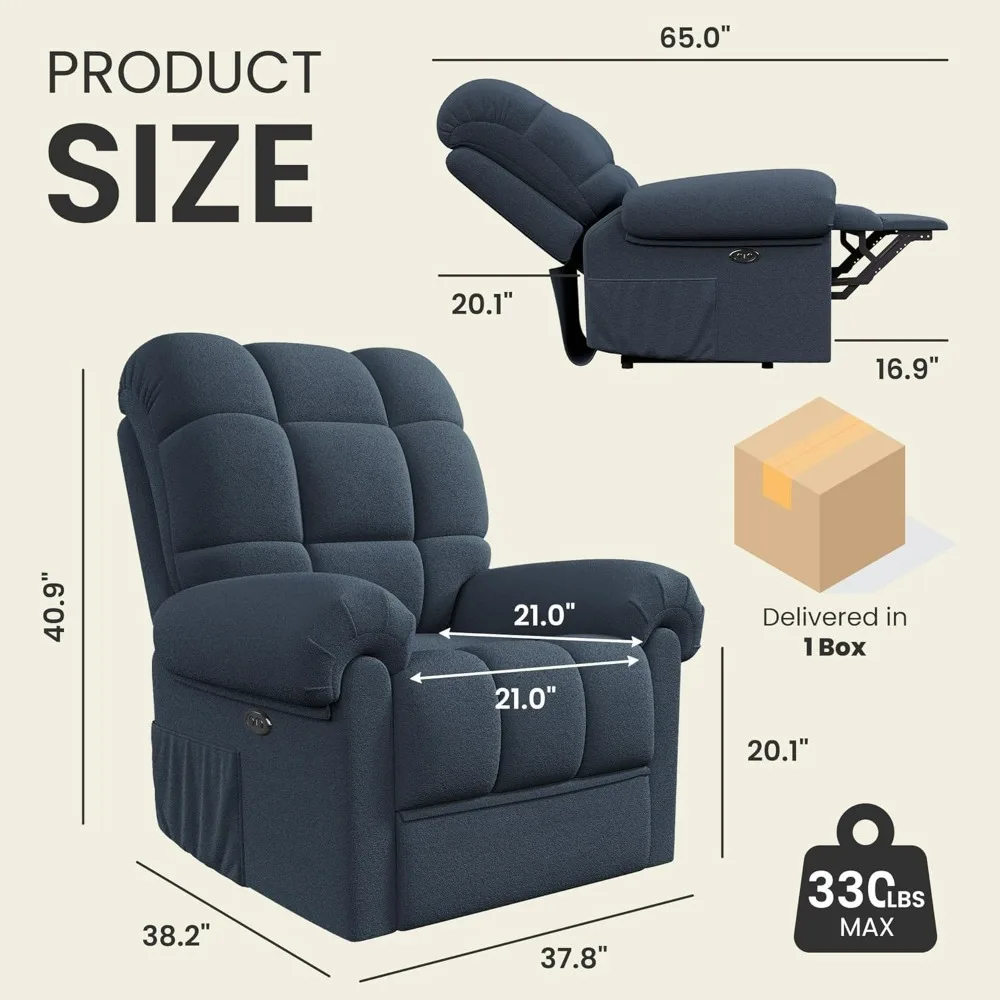 for Adults, Adjustable Electric Chair Power Reclining Sofa, USB Port, Ultra-Comfy Teddy Fleece Recliner for Living Room