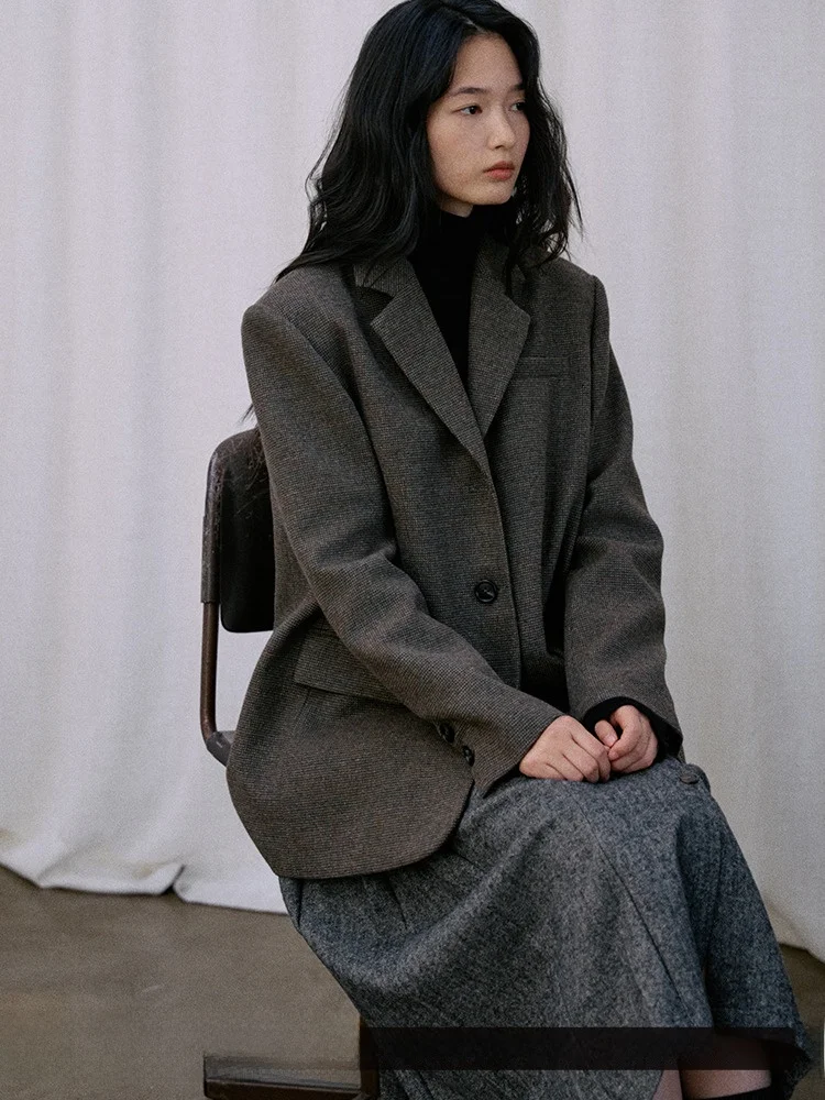 

Jicouture Ретро Sle шерстяной клетчатый женский костюм пальто зимняя верхняя одежда на одной пуговице свободного покроя длинный све