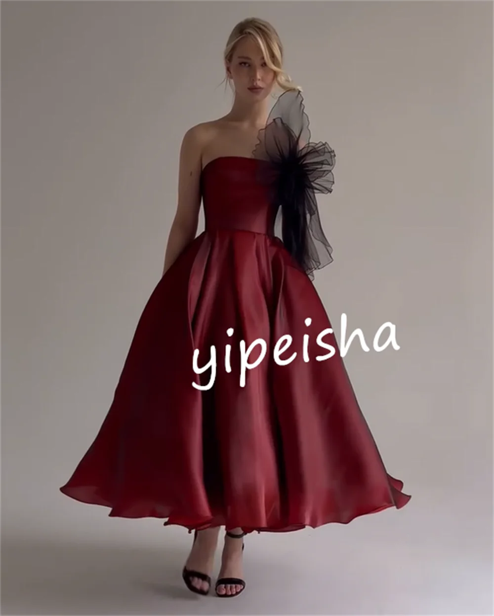 Exquisite Pleat Handmade Flower A-line Strapless Midi Dresses Prom Dresses Chinese Style Classic Simple Fashion Sizes Available