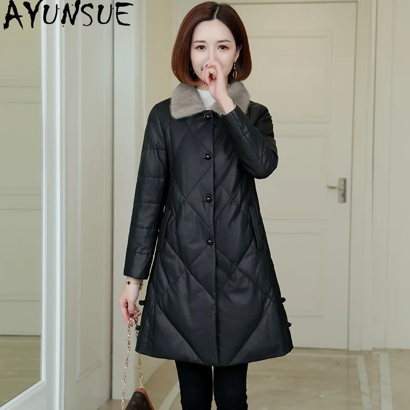 AYUNSUE トップ層シープスキン本革ジャケット女性の冬服 2025 ミンクの毛皮の襟ホワイトダックダウンコート Jaqueta Couro