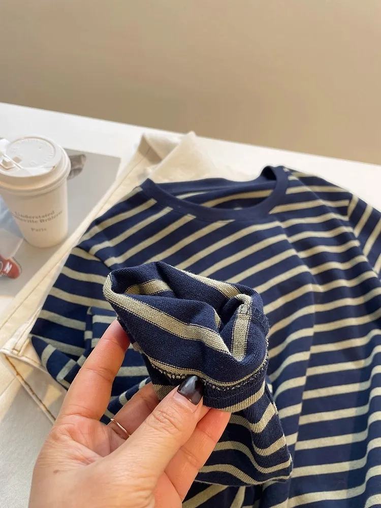 ルーズフィット ロングスリーブ ラウンドネック Tシャツ レディース 春秋 カジュアル 快適 レトロ ミリタリー ストライプ トップス