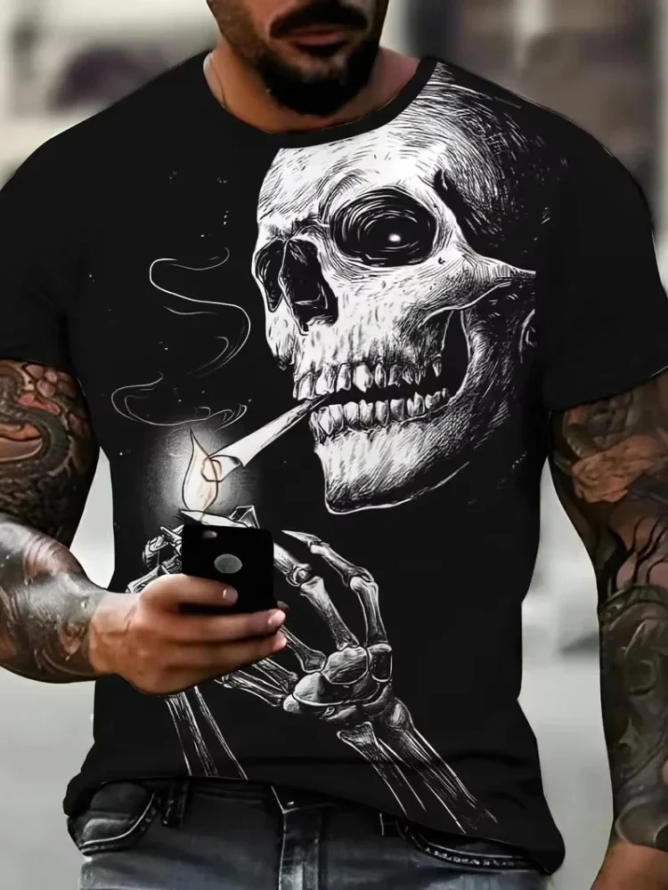 Men's 3D Hat Skull Print T-Shirt Casual Crew Neck Short Sleeve Tee Personality Punk Graphic T Shirts Oversized Men's Clothing