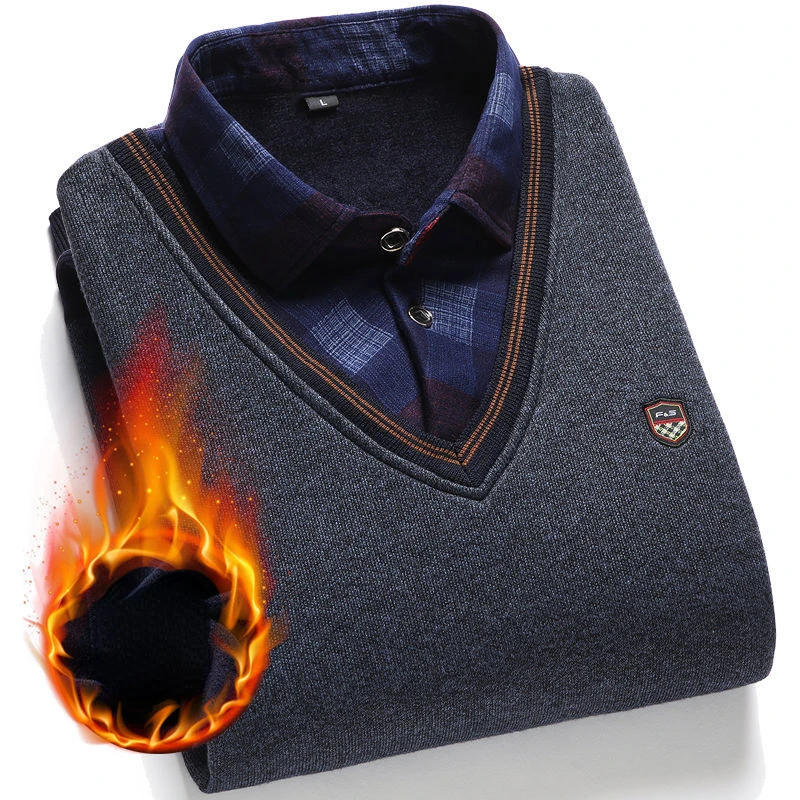 SHiONFA Herbst Winter Herren Langarm Pullover Shirts Gefälschte Zwei Stücke Pullover Fleece Dickes Hemd Gestrickte Casual Kleidung 4XL – Detail 16