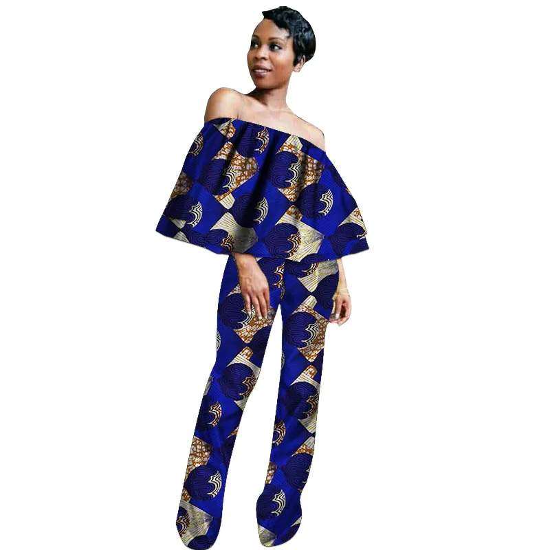 African Print Couture Women's Ankara Outfit Vintage Style Naked Shoulder Blouse With Pant Summer Tops Set Tailored
