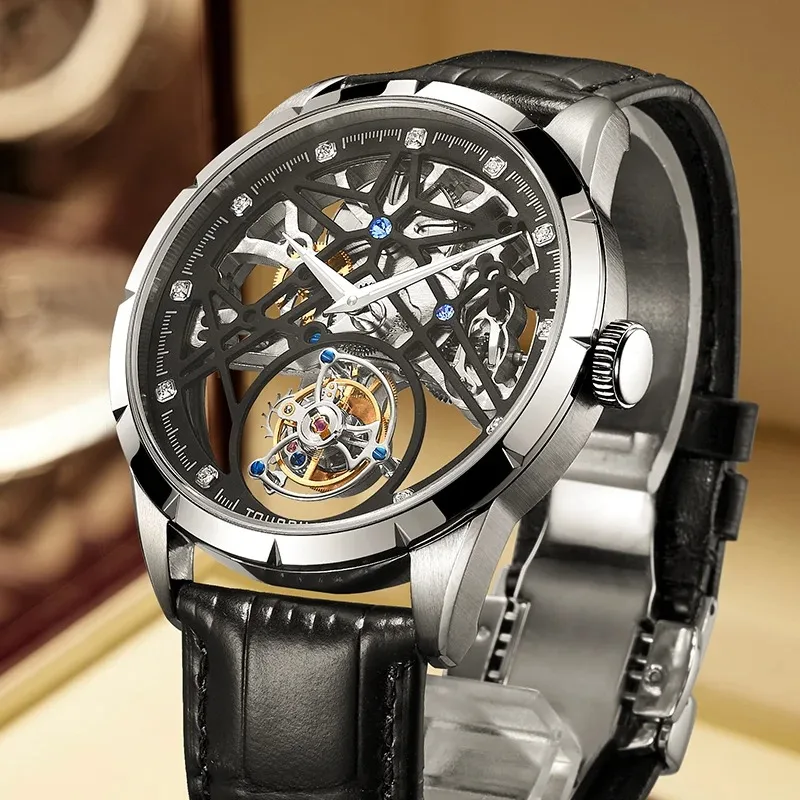 Men's Tourbillon Mechanical Watch Waterproof Skeleton Dial Diamond Accent Black Leather Strap Luxury Wristwatch