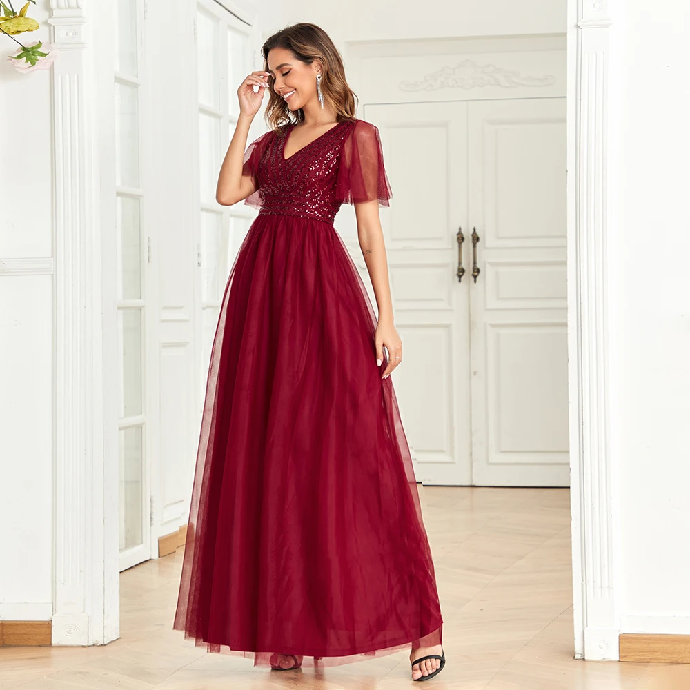 Plus Size 2023 New V-Neck Burgundy Evening Dresses A-Line Tulle Sequin Short Sleeve Wedding Party Long Dress