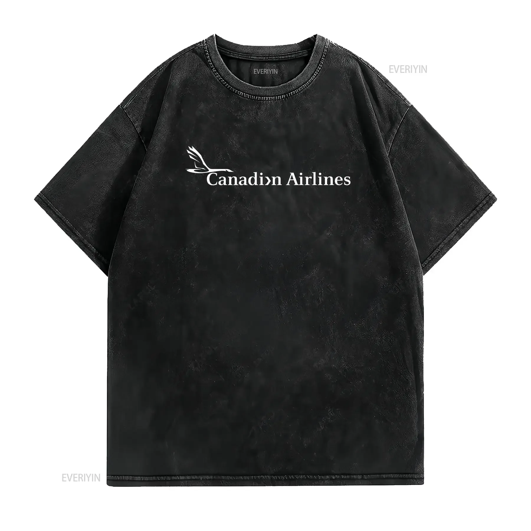 Canadian Airlines White Logo Canada Aviation Black Cotton T shirt vintage Washed streetwear Casual designer clothes graphic