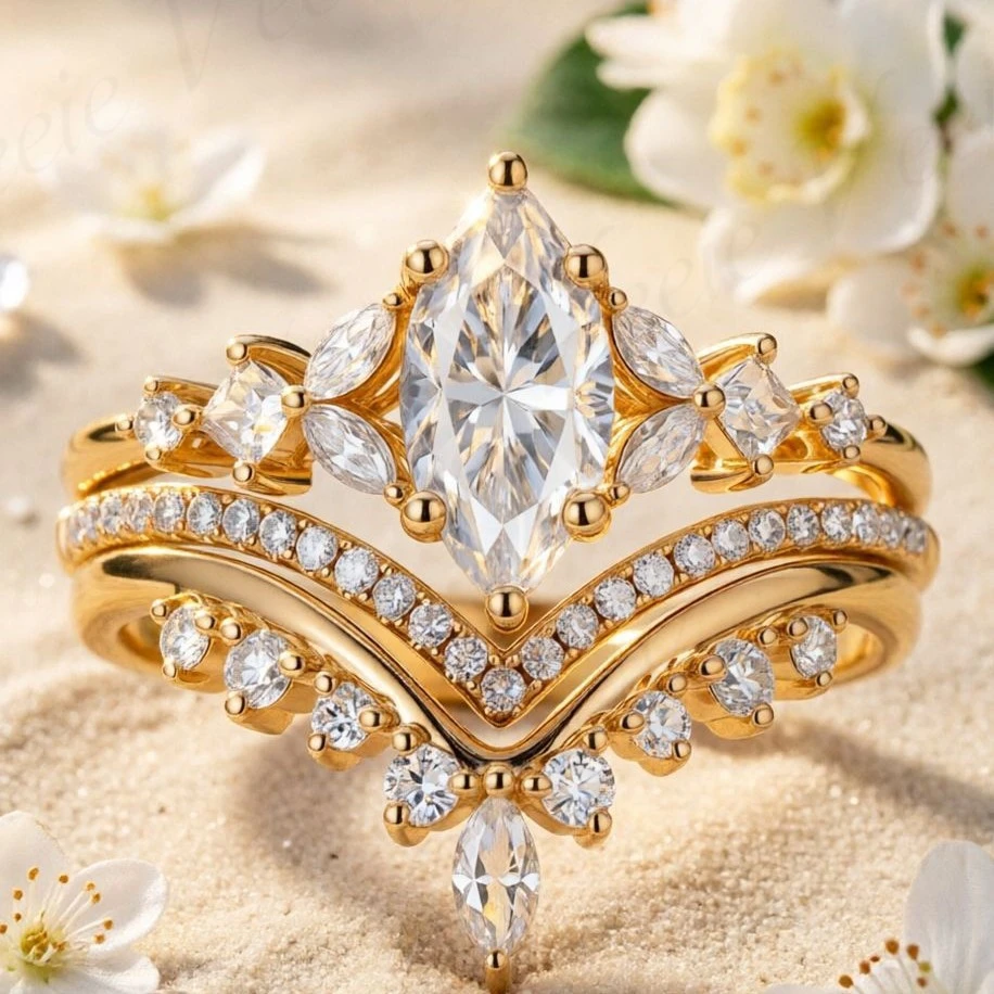 Veeie Veein Jewelry Garden Botanical Series 1 Carat Marquise Cut Moissanite S925 Sterling Silver Multi-Layer Stackable Ring Set