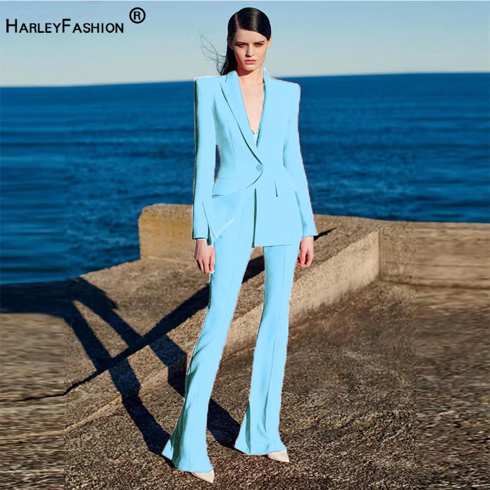 Sky Blue One Button Solid Blazer Flared Trousers Women Set Elegant Office Lady Coat Pants Suit