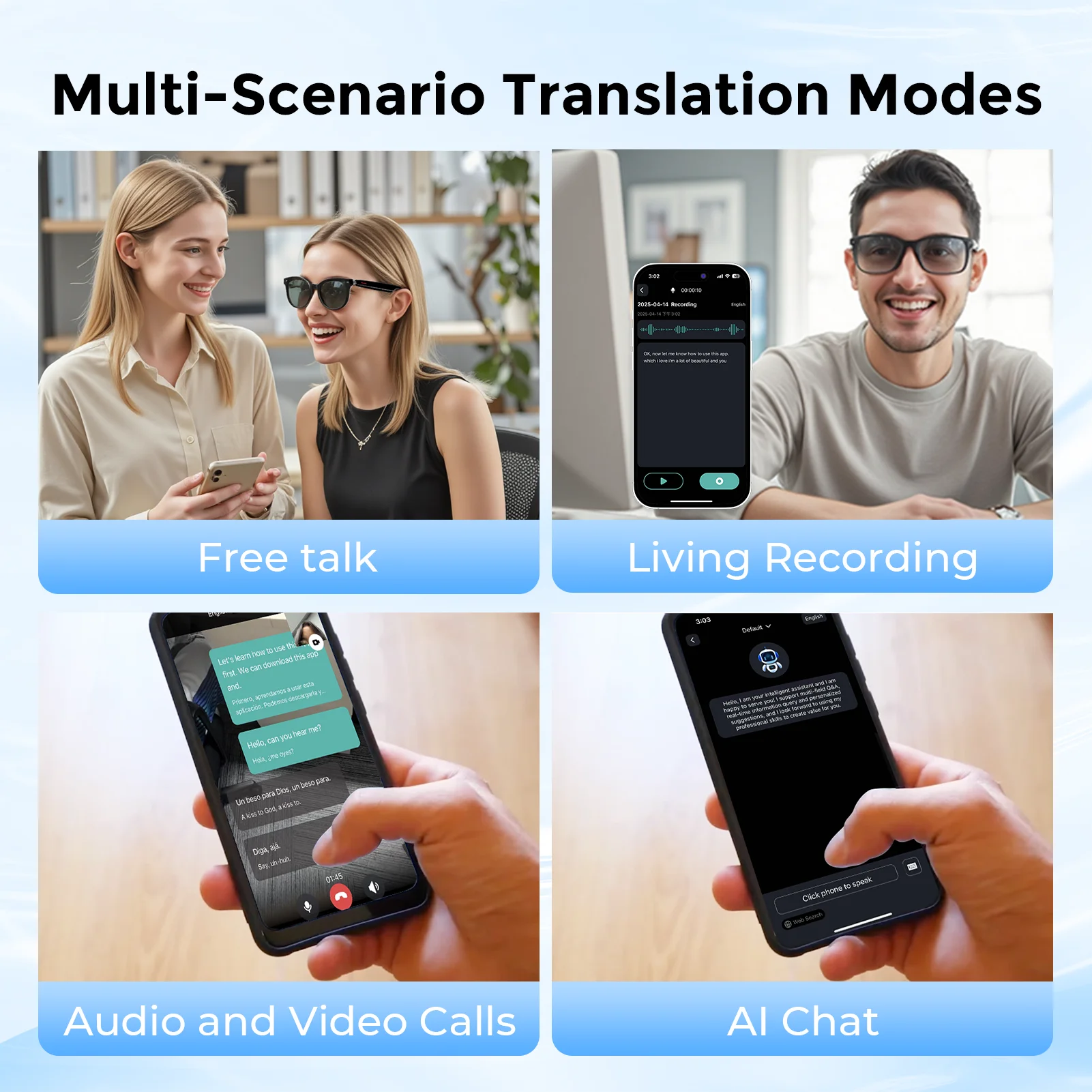 النظارات الذكية AI مترجم ذكي سماعات أذن بلوتوث 164 لغة في الوقت الحقيقي الترجمة الفورية HD سماعة الصوت