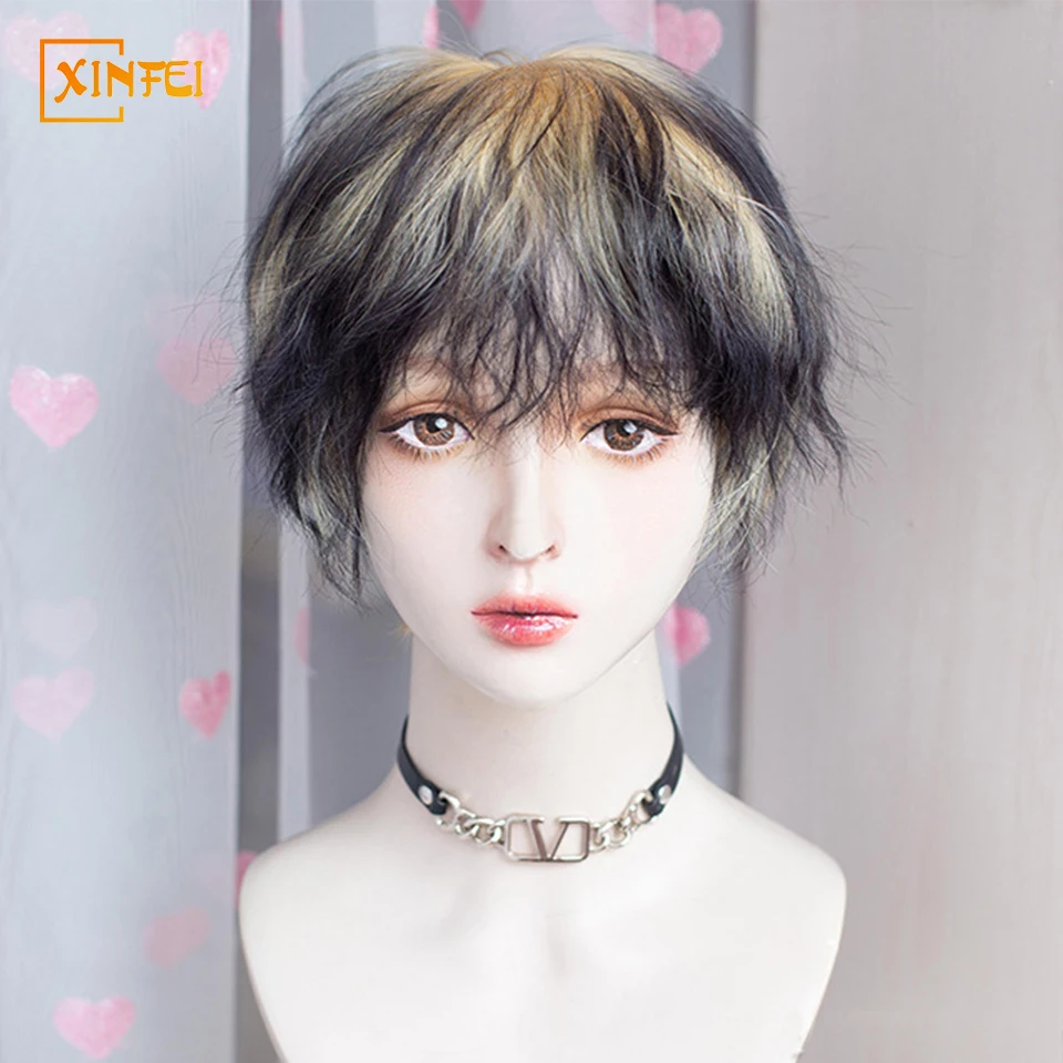 Cosplay High-temperature Hair Synthetic Wig Men's Golden Gradient Layer Curly Hair Fluffy Full Top Wig  Juvenile Animation Wig