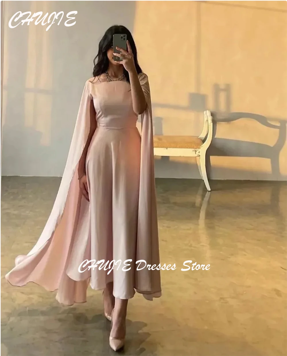 Hellrosa Dubai Arabia Abendkleider, fließender Schal, Tee-Länge, Hochzeitskleid, Damen, formelle Kleider, Abschlussballkleid