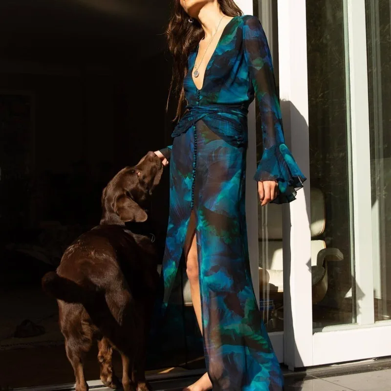 Sexy Women V-neck Print Maxi Dresses Summer High Split Lace Up Bohemia Vestidos Vintage Button Beach Vacation Party Outfit Y2k
