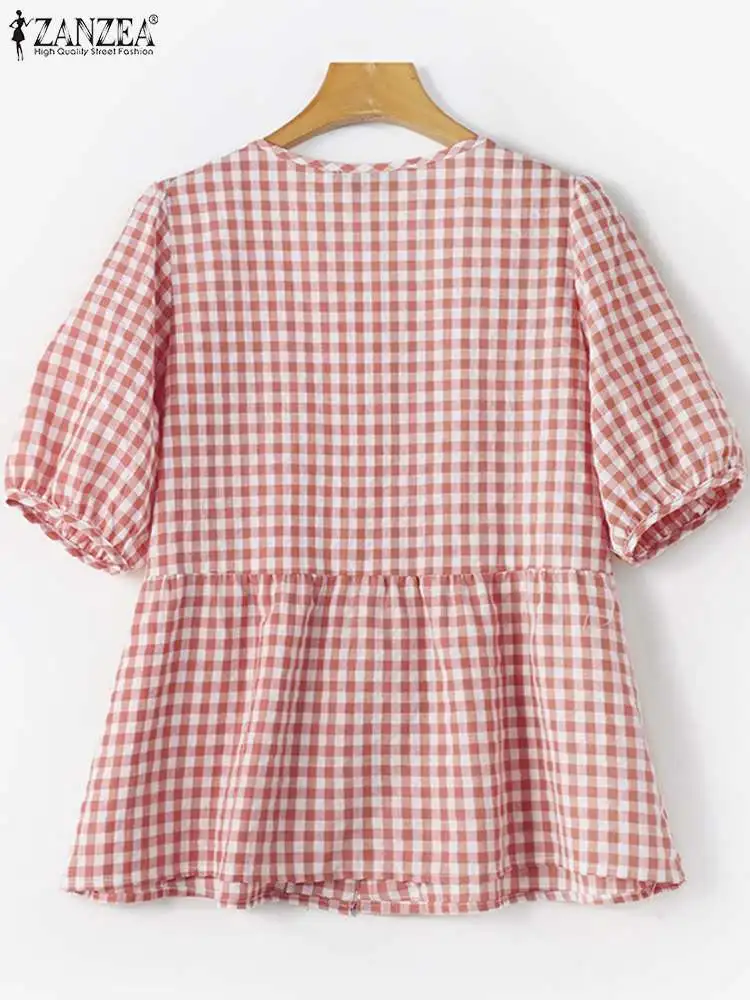 ZANZEA Elegant Puff Sleeve Gingham Blouses Women Summer 2024 Casual Square Collar Ruffled Hem Checked Shirts Korean Tunic Tops