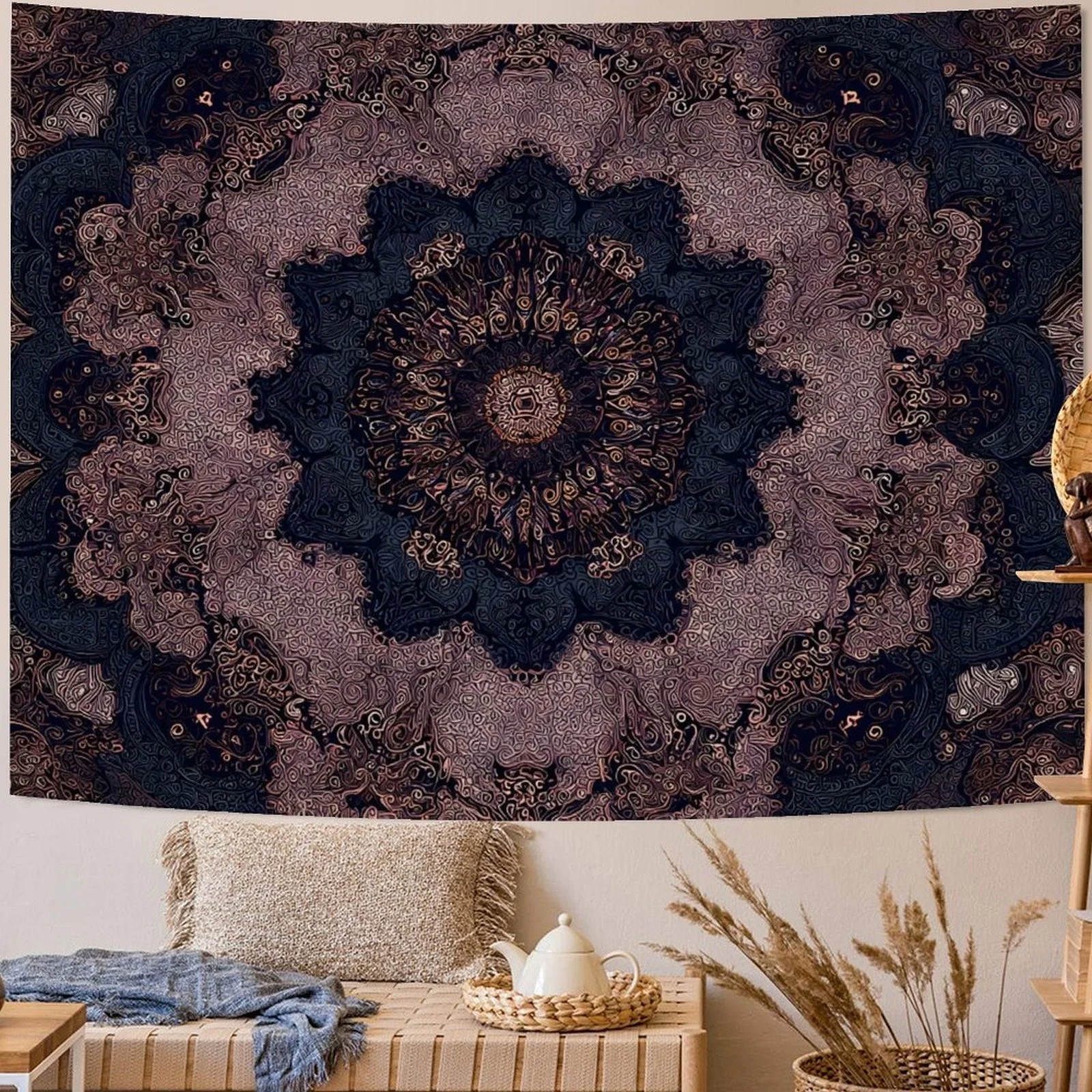 Boho Mandala Tapestry Wall Hanging Hippie Bohemian Floral Flower Medallion Indian Tapestry Aesthetic Large Black Purple Meditati