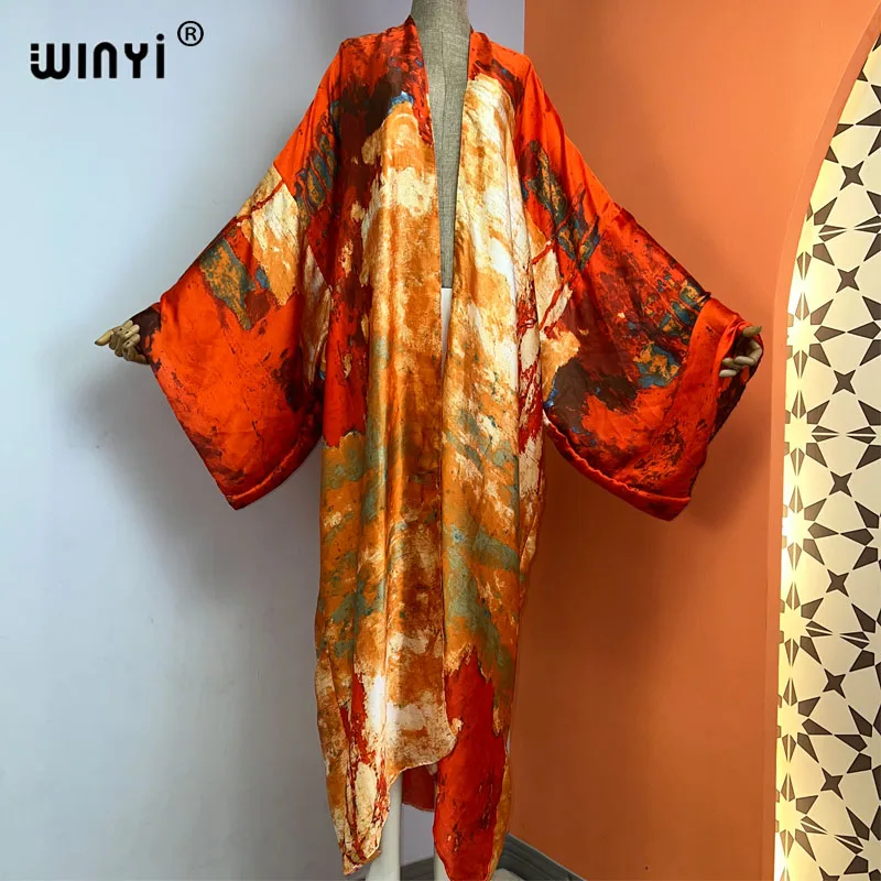 WINYI summer new fashion print Women Cardigan Loose Long Dress elegant Party Boho Maxi beach Holiday Cover Up Kimonos kaftan