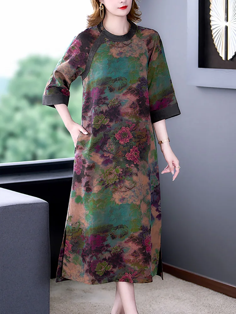 2024 New Floral Silk Long Sleeve Midi Dress Autumn Fashion Chic Luxury Loose Casual Dress Women Korean Elegant Party Night Dress