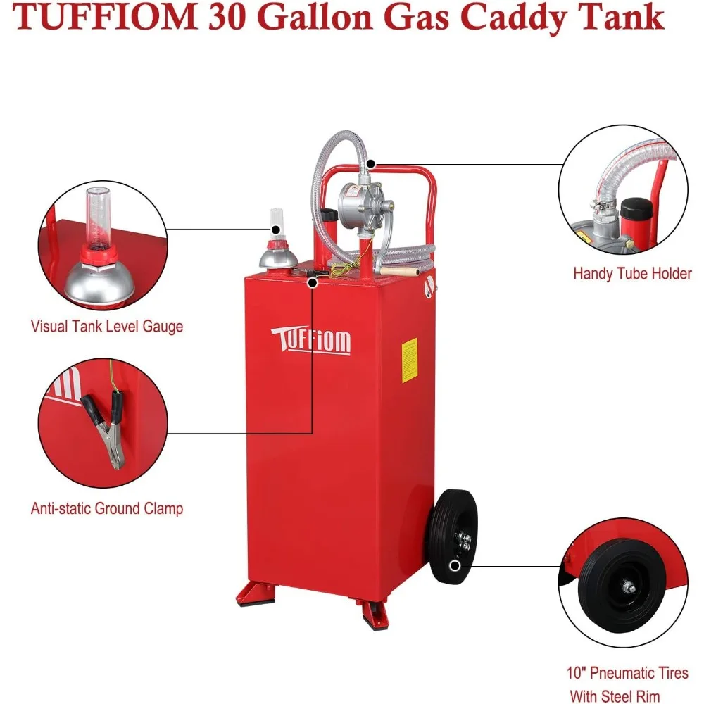 30 Gallon Gas Caddy With Wheels, Fuel Transfer Tank Gasoline Diesel Can Reversible Rotary Hand Siphon Pump