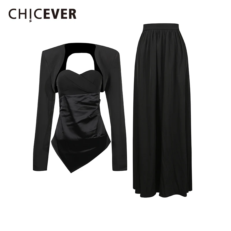 

CHICEVER Black Spliced Folds Three Piece Set Female O Neck Jacket Sleeveless Vest Commute Women's Skirt Sets Autumn Fashion New