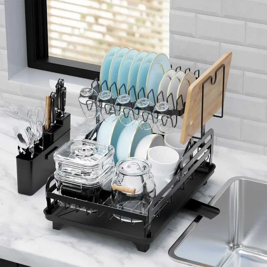 

Dish Drying Rack TwoTier Dish Racks for Kitchen Counter with Cups Holder Utensil Holder SpaceSaving Dish Drainer Black