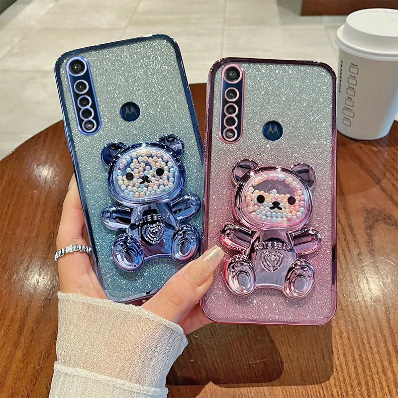 

For MotoG8 Luxury Gradient Glitter Plating Bear Holder Phone Case For Motorola G8 Plus G8 Play Power Silicone Back Cover Moto 8