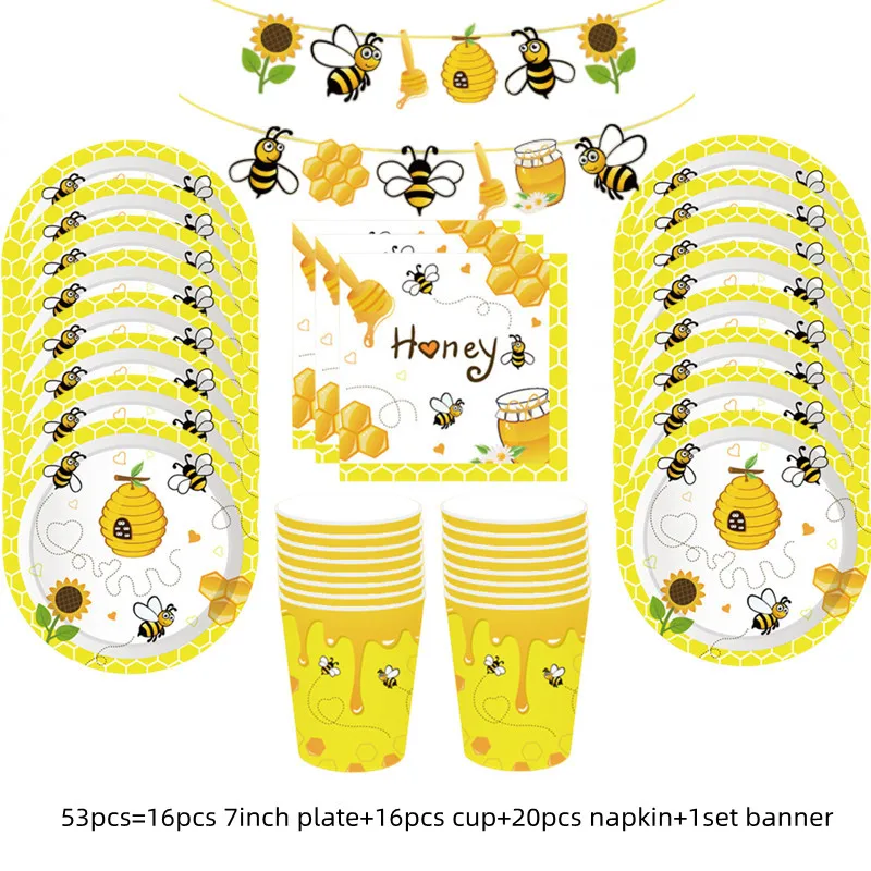 Honigbiene Kindergeburtstag Partydekorationen Einweggeschirr Set Tischdecke Pappteller Tasse Ballon Babyparty DIY Supplis – Detail 7